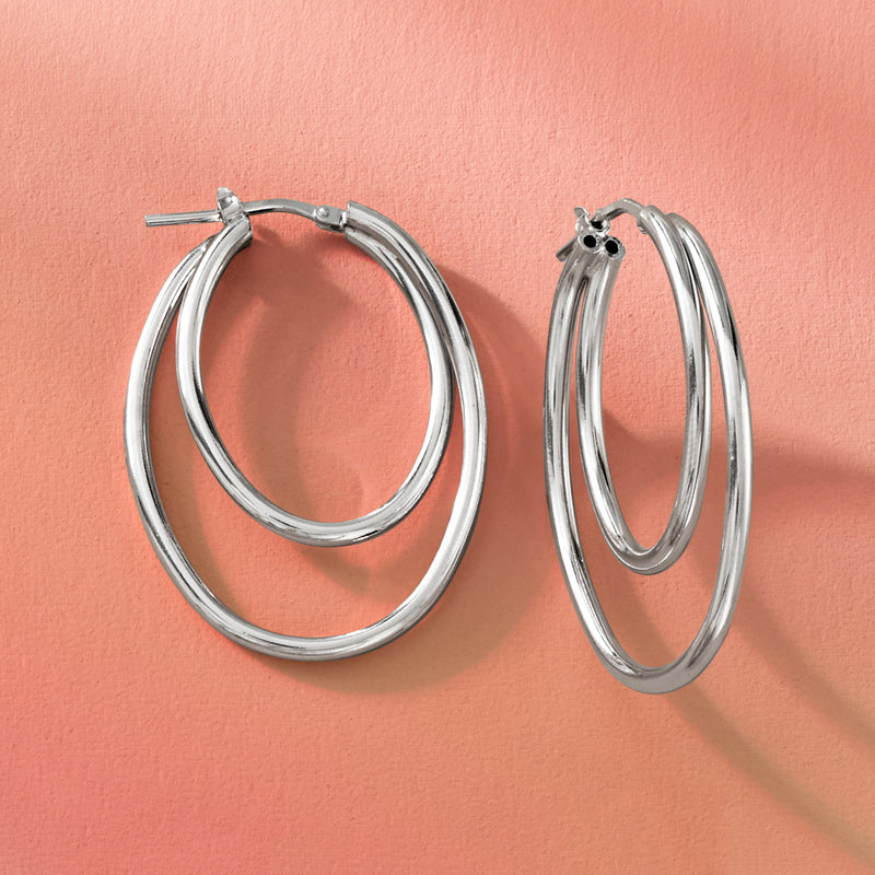 Double-oval sterling silver hoop earrings, stacked oval loops with small clasp