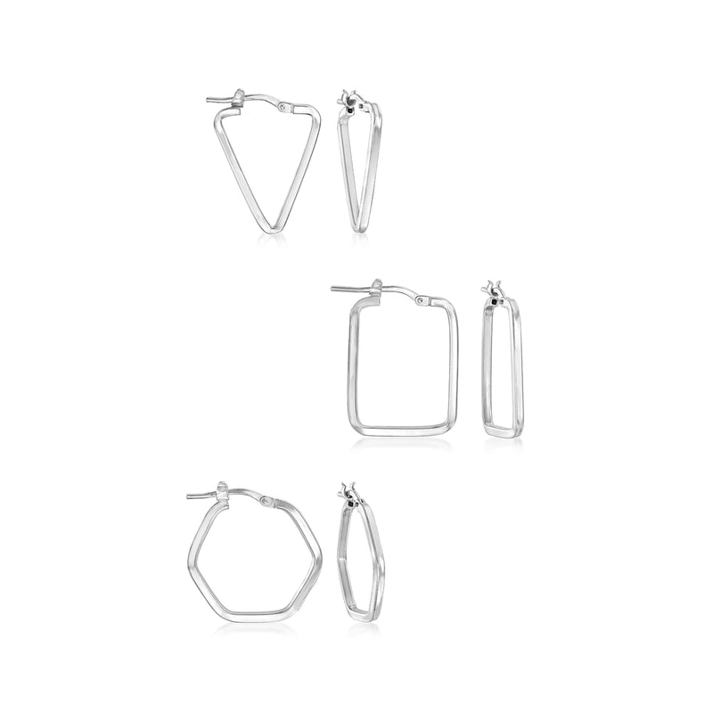 Sterling silver geometric hoop earring set with triangular, square, and octagon hoops
