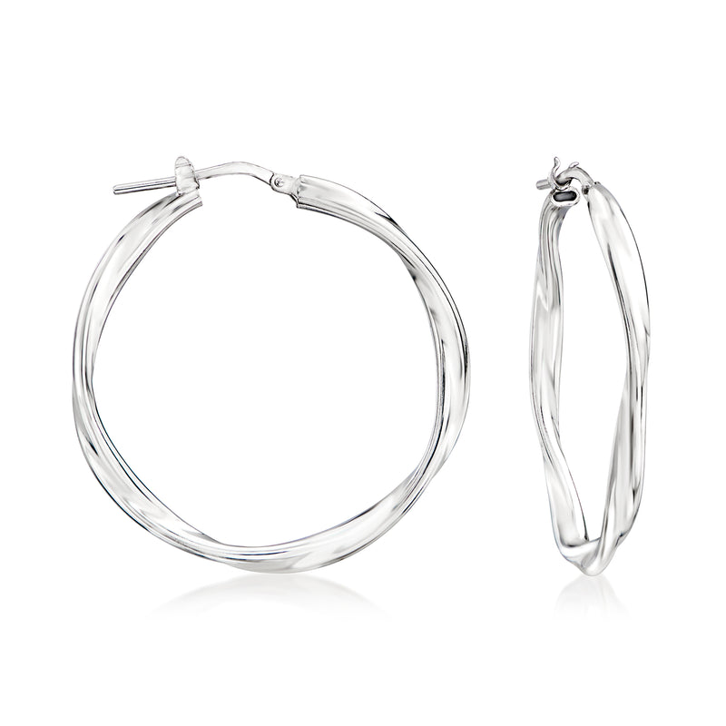 Sterling silver twisted hoop earrings, round hoops with bar clasp