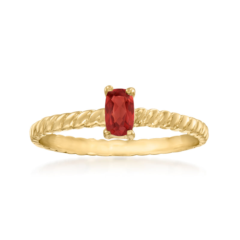 10kt yellow gold twisted ring with oval red garnet centerpiece, polished prong setting