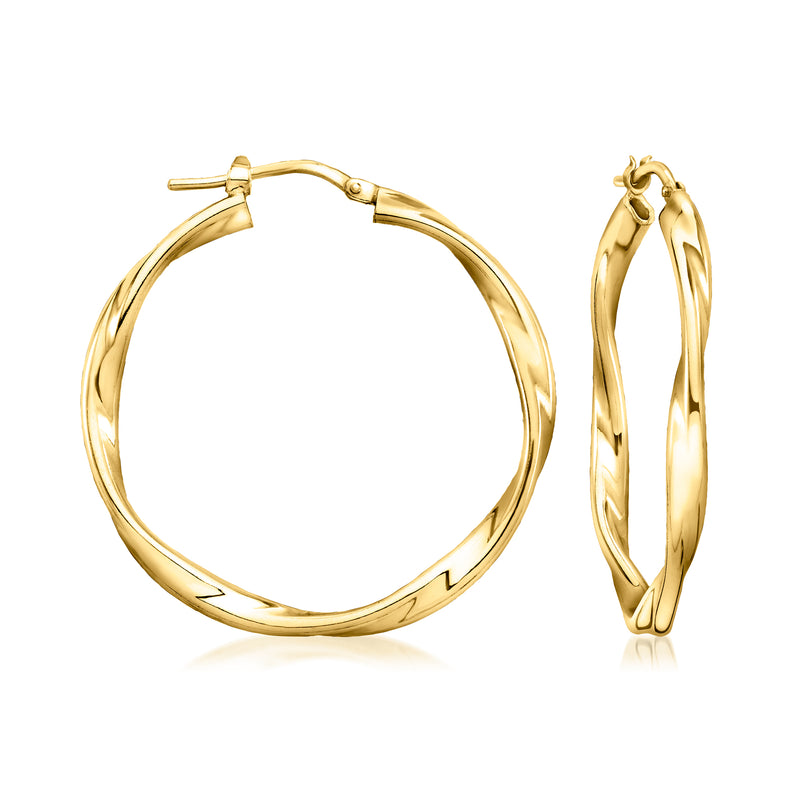 Twisted gold-tone hoop earrings with hinged clasp, round profile