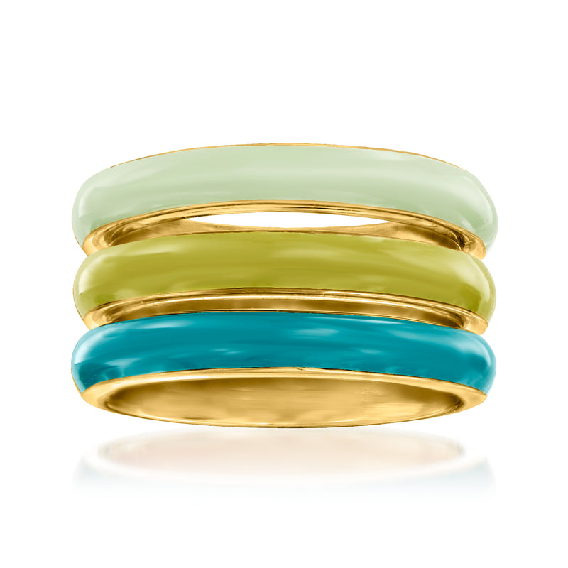 Three enamel rings with gold-tone edges: light green, yellow, and teal bands