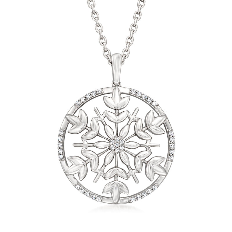 Sterling silver snowflake medallion pendant necklace with round gemstone center and halo