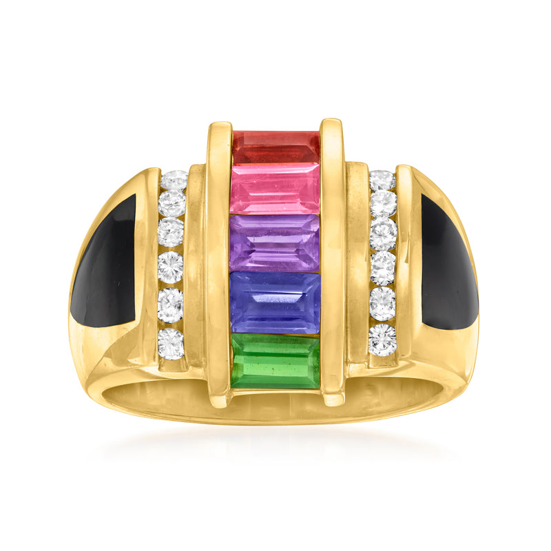 18kt yellow gold vintage ring with multi-color baguette gemstones, diamond accents, and black onyx