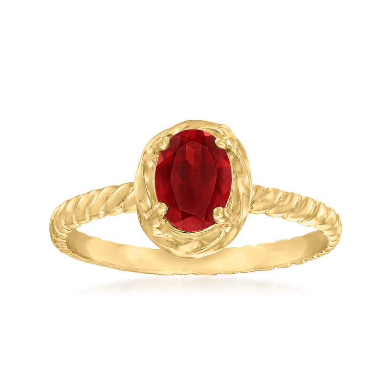 10kt yellow gold garnet ring with oval red gemstone and braided band