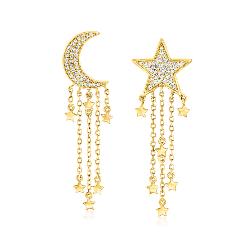 14kt yellow gold drop earrings: moon and star charms with dangling chain stars