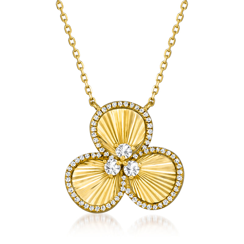 14kt yellow gold diamond flower pendant necklace with radiant fan design and 5 stones