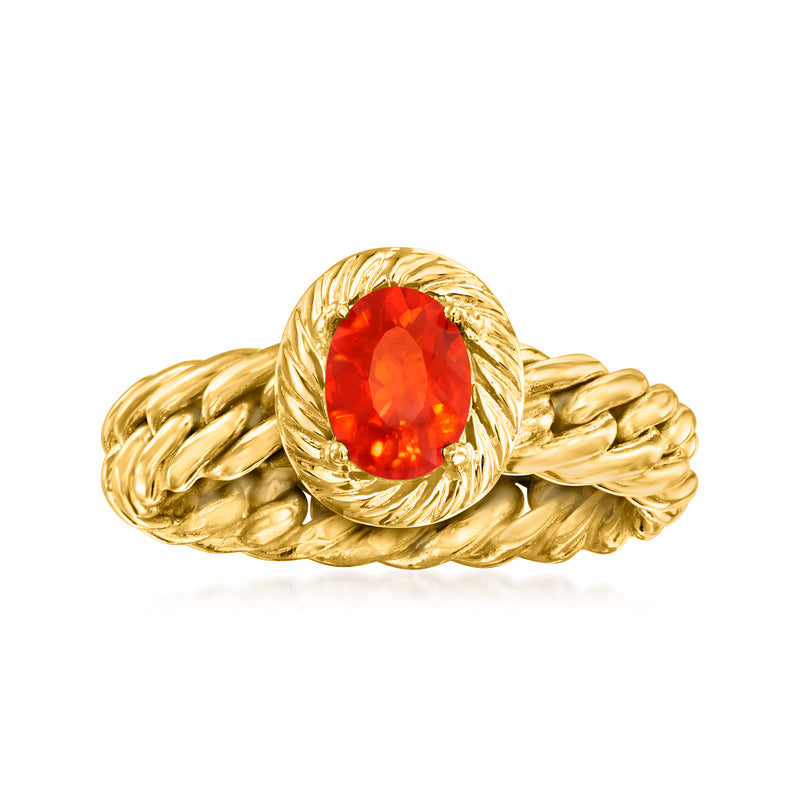 14kt yellow gold curb-link ring with oval red-orange fire opal gemstone