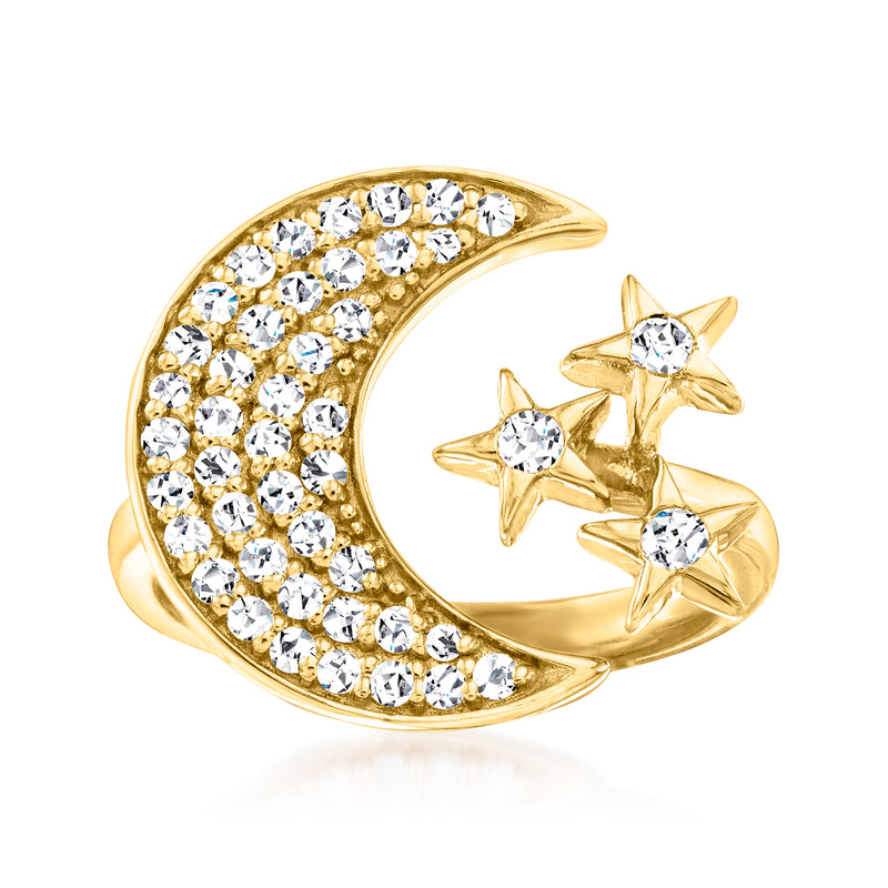 14kt yellow gold crescent moon bypass ring with diamond pave and three stars