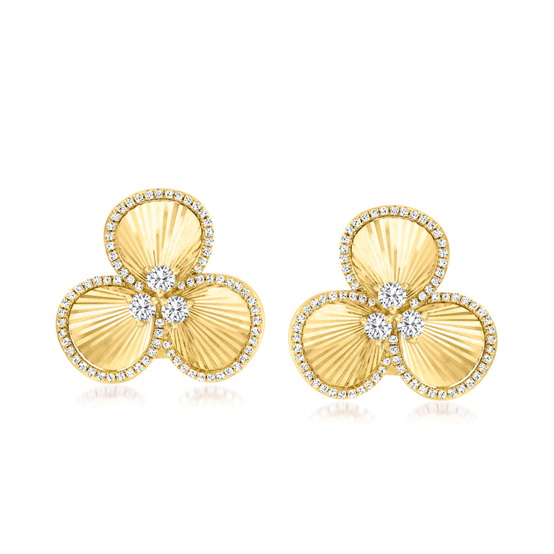 14kt yellow gold diamond flower earrings with three-petal diamond halos