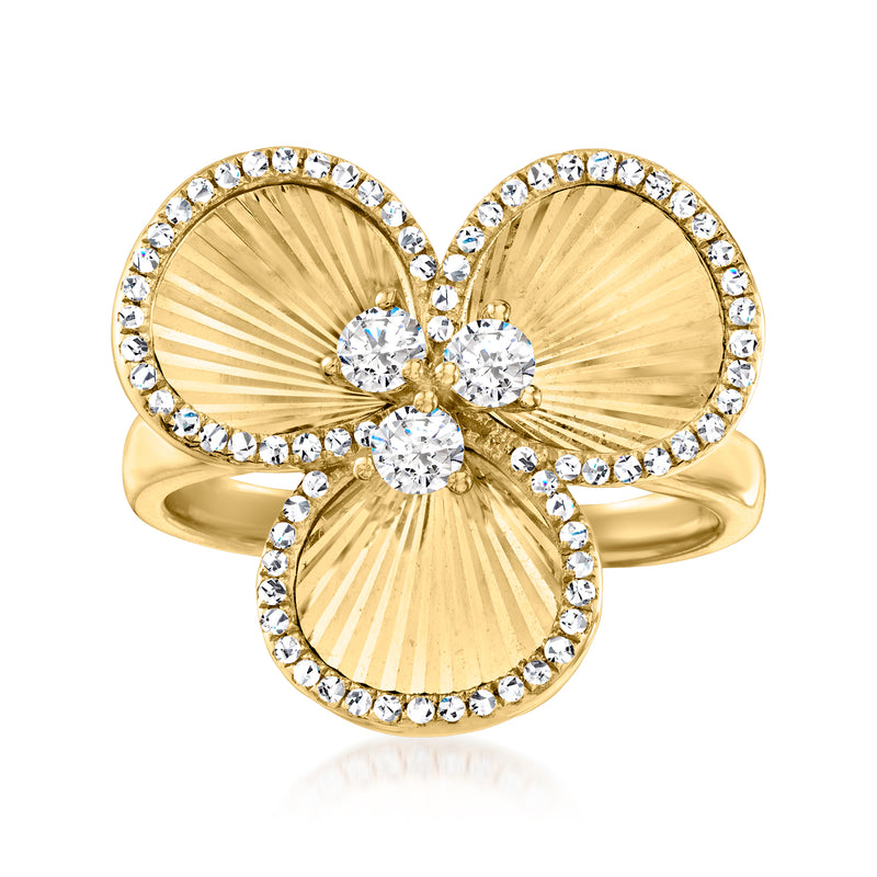 14kt yellow gold diamond flower ring with four petal halos and round center stones