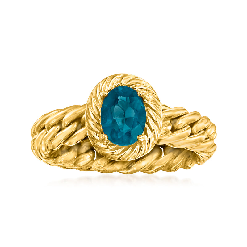 14kt yellow gold curb-link ring with oval London blue topaz gemstone in braided bezel