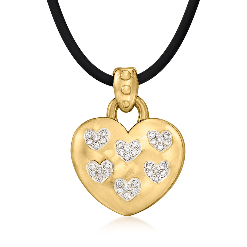 Gold heart diamond pendant necklace with black rubber cord and clustered bezel-set stones