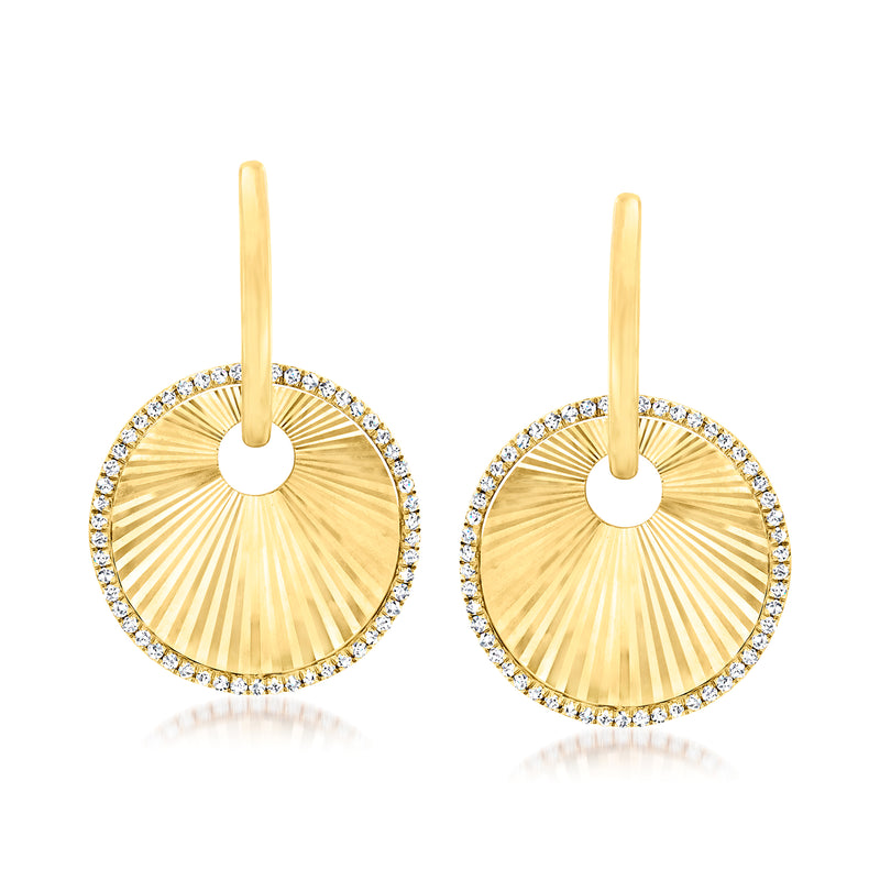 18kt yellow gold diamond hoop disc drop earrings with pavé rim