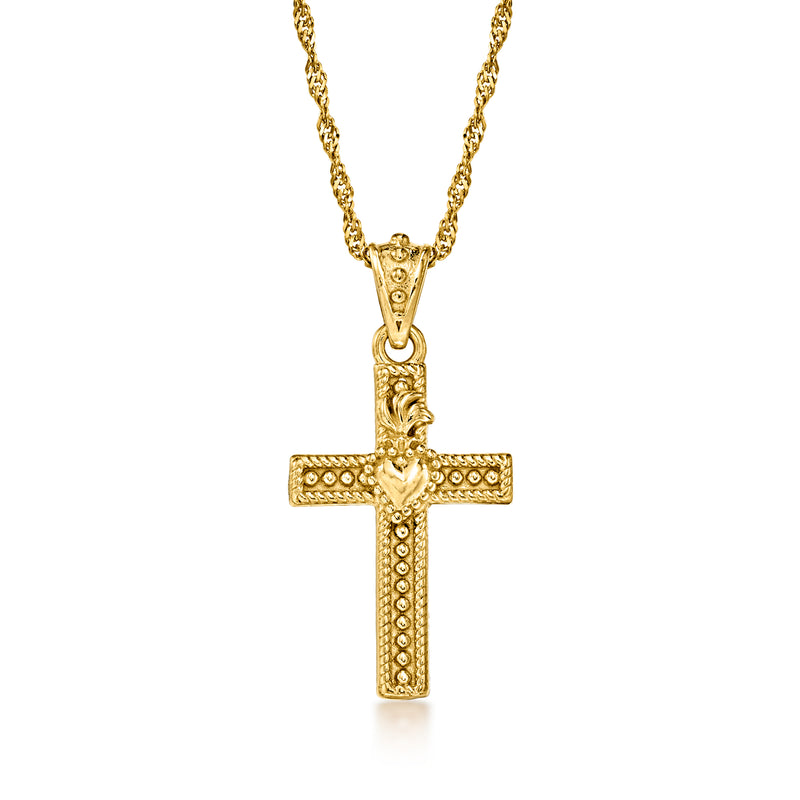 Gold cross pendant necklace with Sacred Heart charm and beaded border
