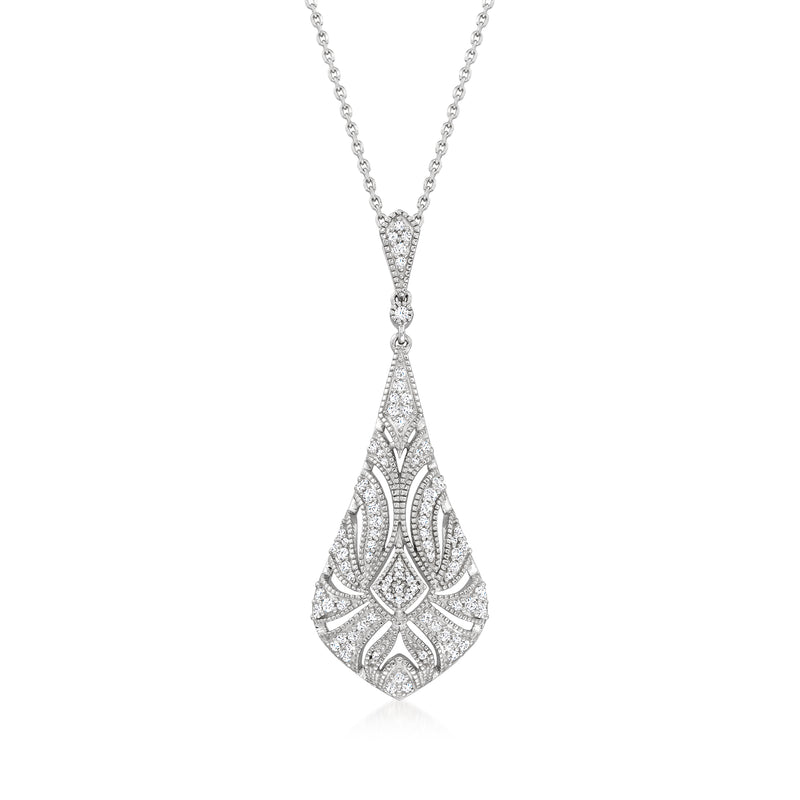 Platinum diamond pendant necklace with milgrain teardrop drop and delicate chain