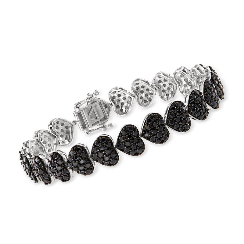 Black spinel heart bracelet in sterling silver with pavé-style links