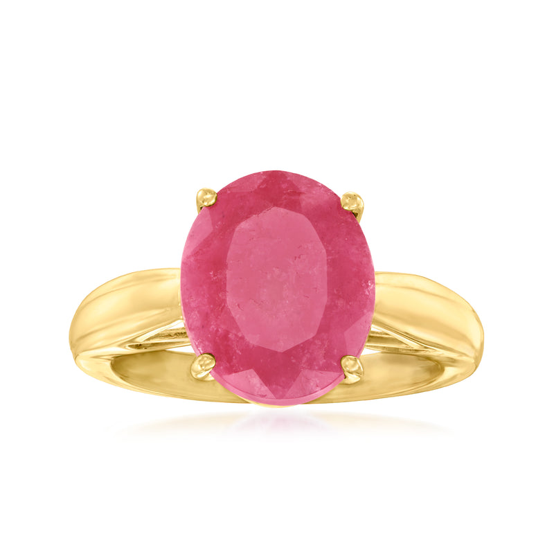 Round ruby gemstone ring with gold band, four-prong setting