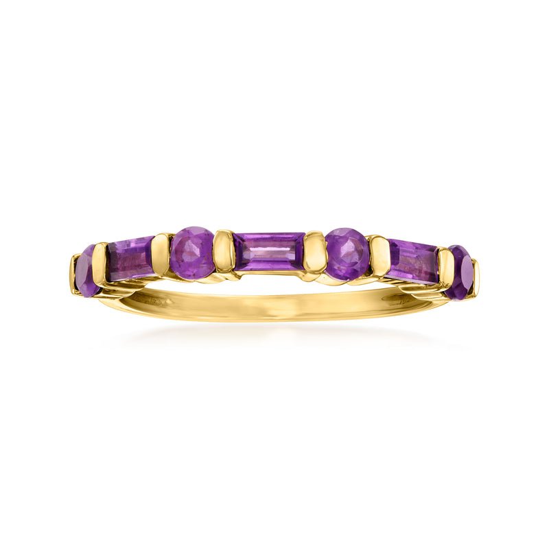 Amethyst ring in 14kt yellow gold with rectangular center stone and round side stones