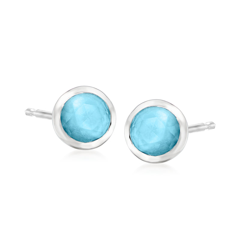 Sterling silver blue topaz stud earrings with round bezel posts