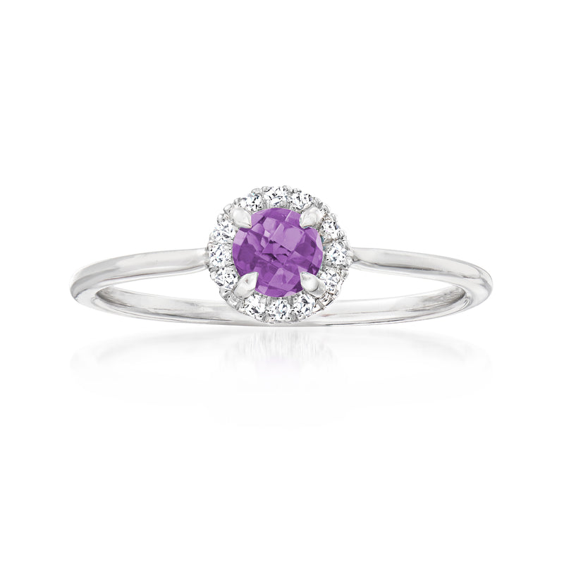 14kt white gold ring with purple amethyst center and diamond halo, slim band