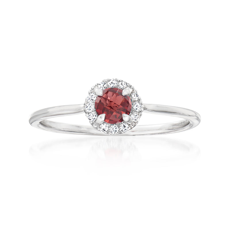 14kt white gold halo garnet ring with round diamond accents