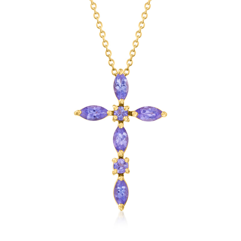 Gold cross pendant necklace with oval purple tanzanite stones