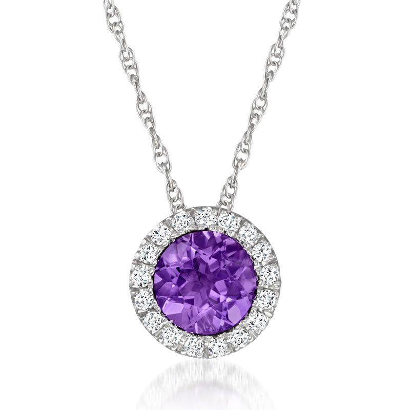 Amethyst halo necklace with round purple gemstone and diamond-like accents, white gold chain