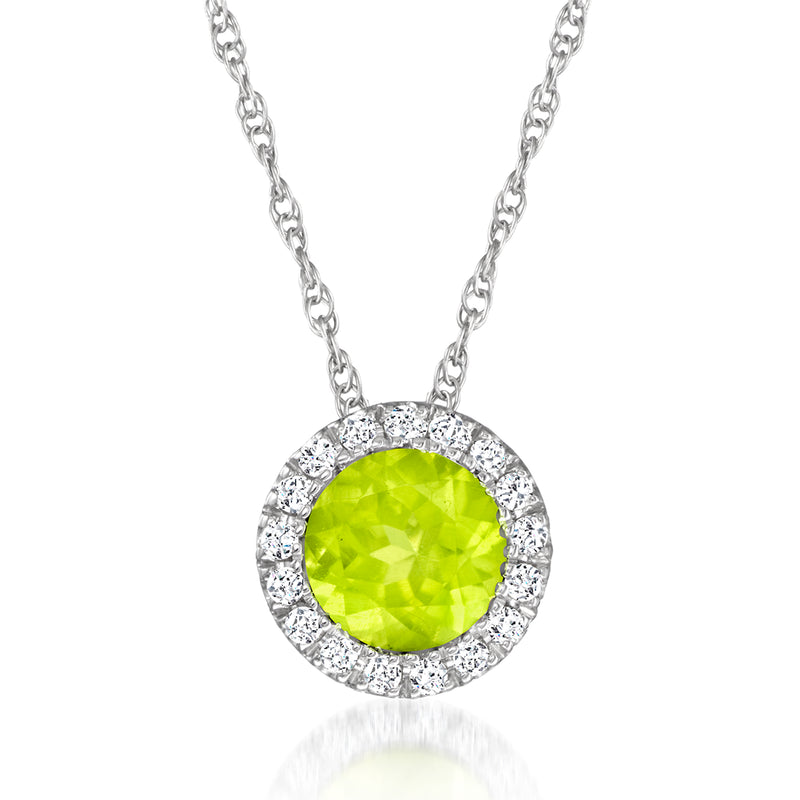 14kt white gold peridot and diamond halo necklace with round green gemstone pendant