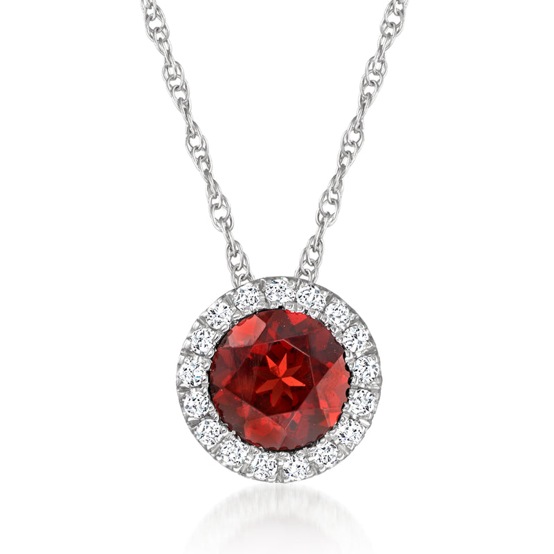 Round garnet halo pendant necklace in 14kt white gold with diamond accents
