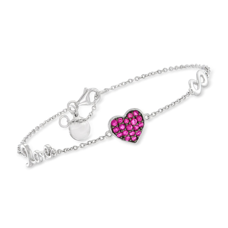 Gabriel Designs sterling silver station bracelet with ruby heart and love accents