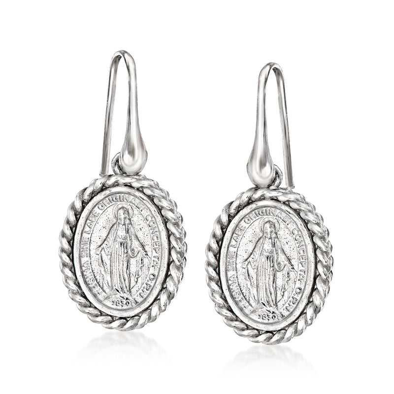 Sterling silver drop earrings with oval Miraculous Medal medallion and rope border