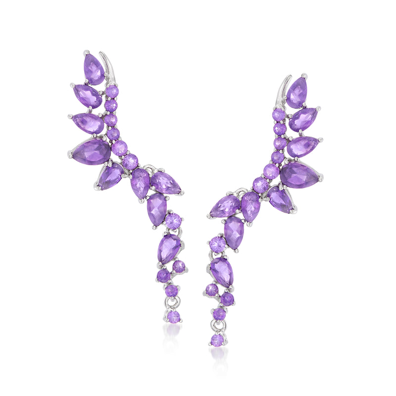 Sterling silver amethyst ear climber earrings with purple pear-cut stones