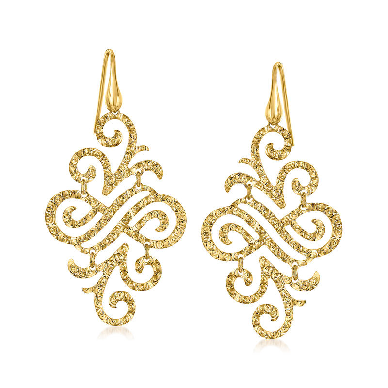Gold over sterling filigree chandelier earrings with ornate scroll drop, gold earwire