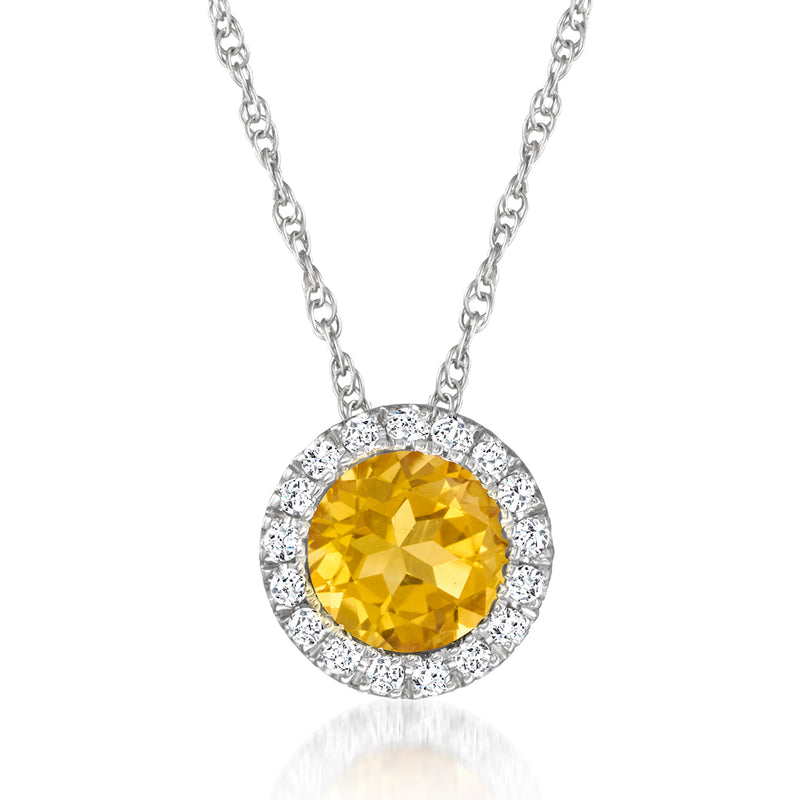 14kt white gold halo citrine pendant necklace with round yellow stone and diamond border