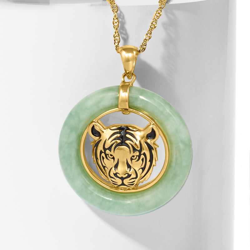 Gold bail tiger head pendant with round green jade disc and bezel setting