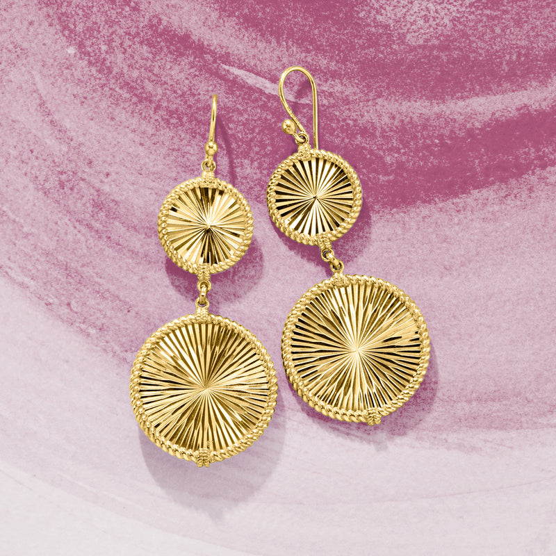 Gold-tone roped-edge circle drop earrings with two dangling ridged discs