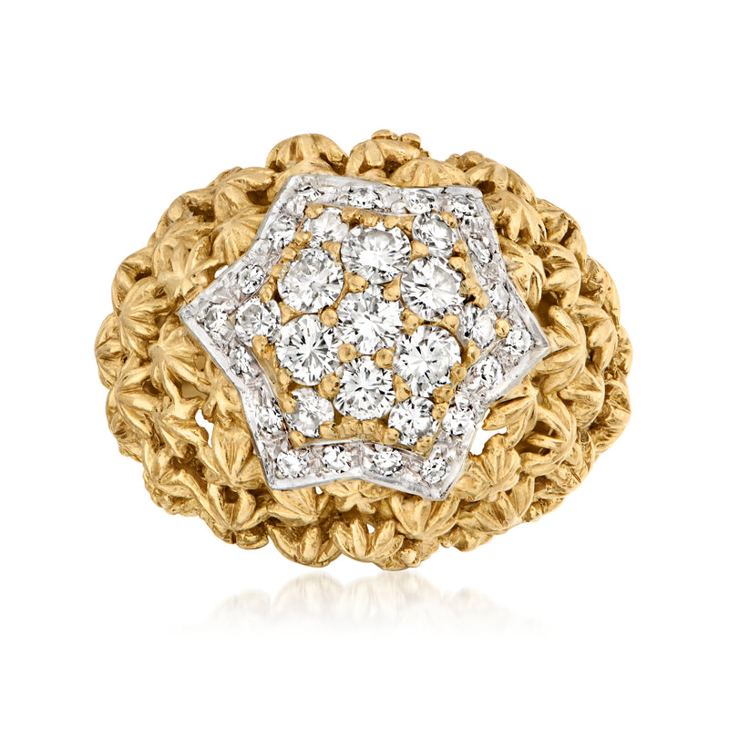 Two-tone gold vintage star diamond ring with square halo and rope border
