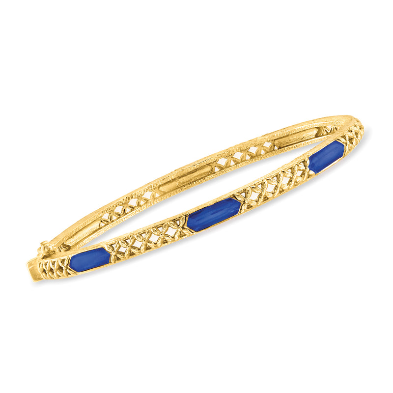 18kt gold over sterling bangle bracelet with blue enamel X-pattern rows