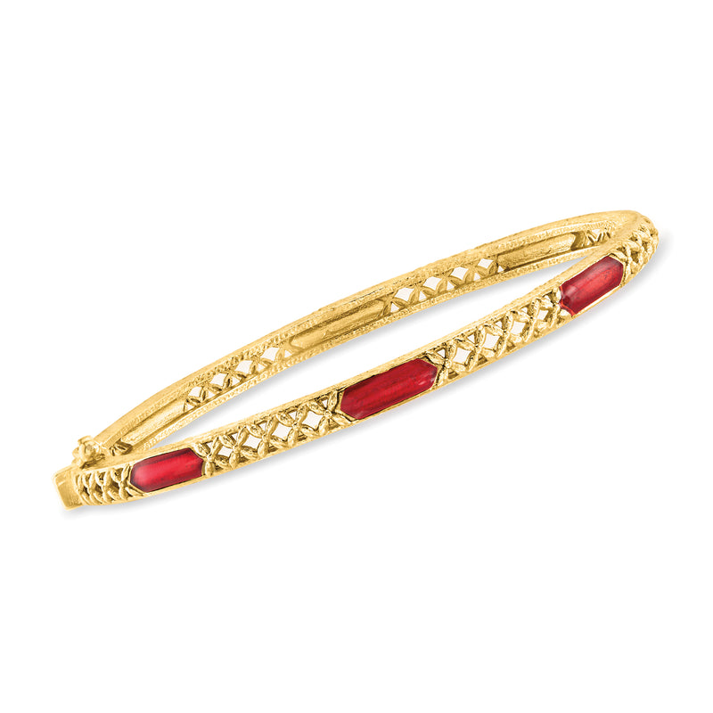 18kt gold over sterling enamel bangle bracelet with red X-pattern inlay, hinged oval.