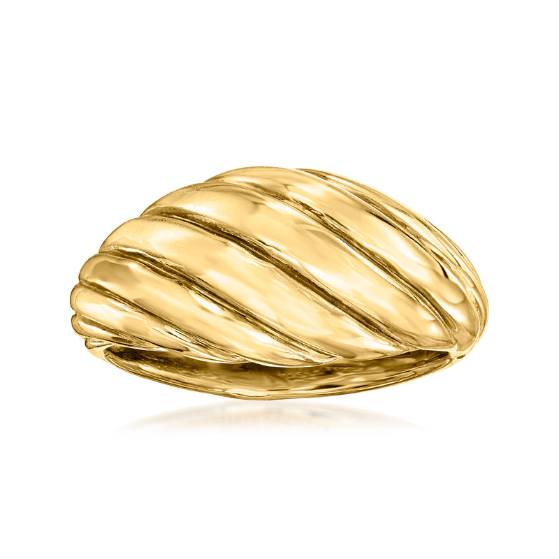 14kt yellow gold shrimp ring with ridged, scalloped band