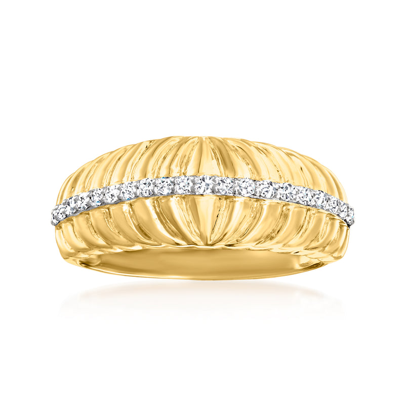 Gold over sterling dome ring with ridged top and diamond-striped band