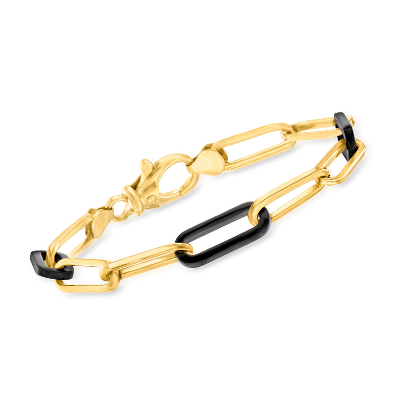Gold-tone paper-clip link bracelet with black onyx-style accents and clasp details