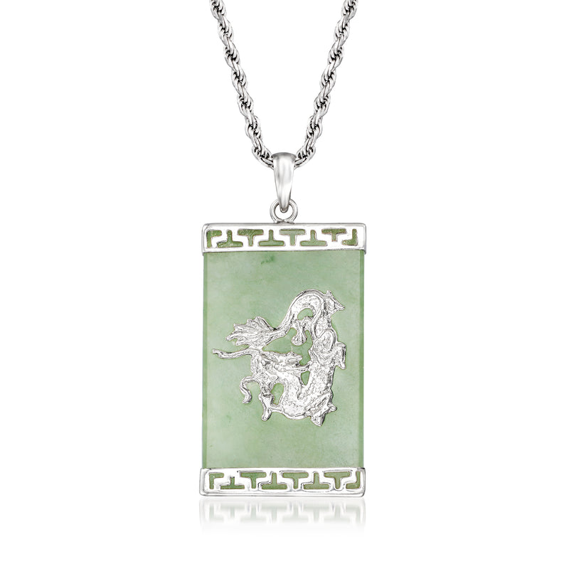 Sterling silver dragon jade pendant necklace with rectangular green jade and silver dragon charm