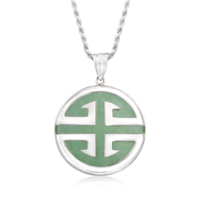 Sterling silver pendant necklace with green jade cross medallion