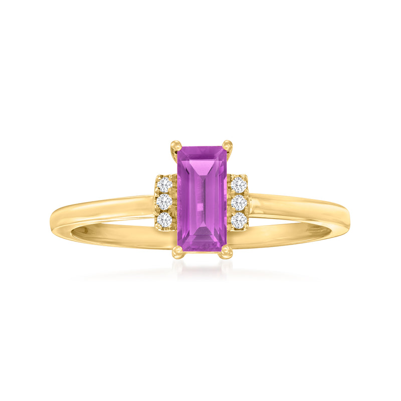 14kt yellow gold ring with rectangular amethyst center and diamond accents