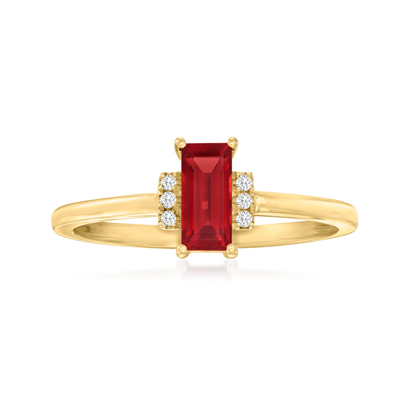 14kt yellow gold garnet ring with rectangular garnet center and diamond side accents