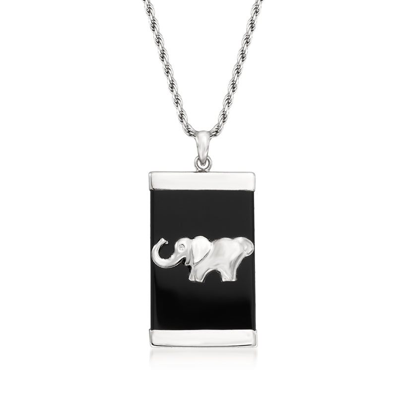 Sterling silver necklace with black agate pendant and raised elephant silhouette