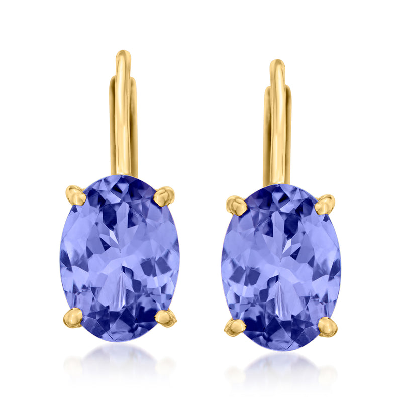 14kt yellow gold leverback earrings with oval blue tanzanite gemstones