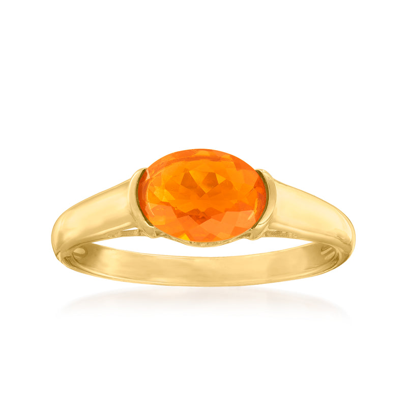14kt yellow gold ring with oval orange fire opal gemstone bezel setting